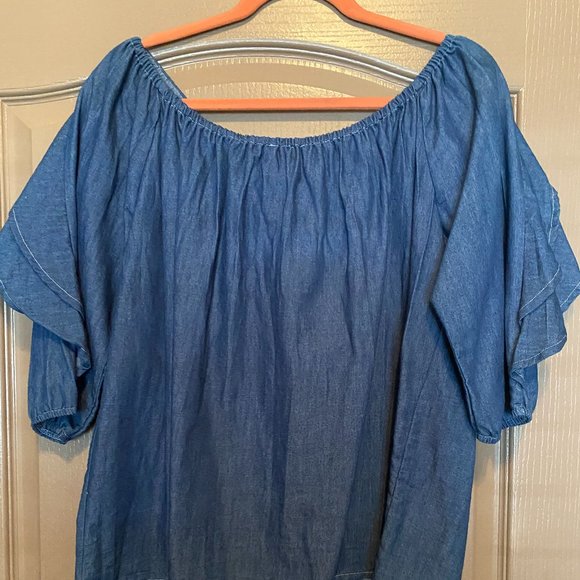 Off Shoulder Ruffle Denim Top - Size Medium - Picture 2 of 2